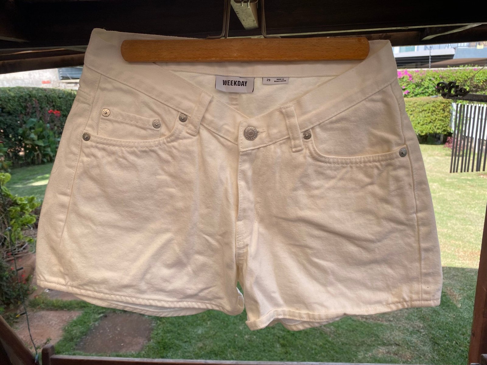 100% cotton white denim shorts.